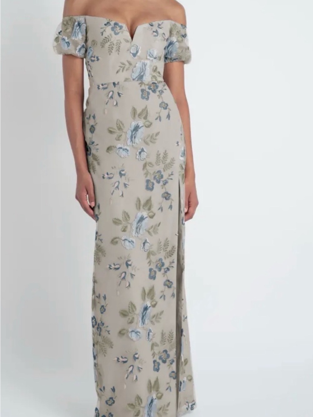 Jenny Yoo Strapless Floral Gown in Beige and Blue